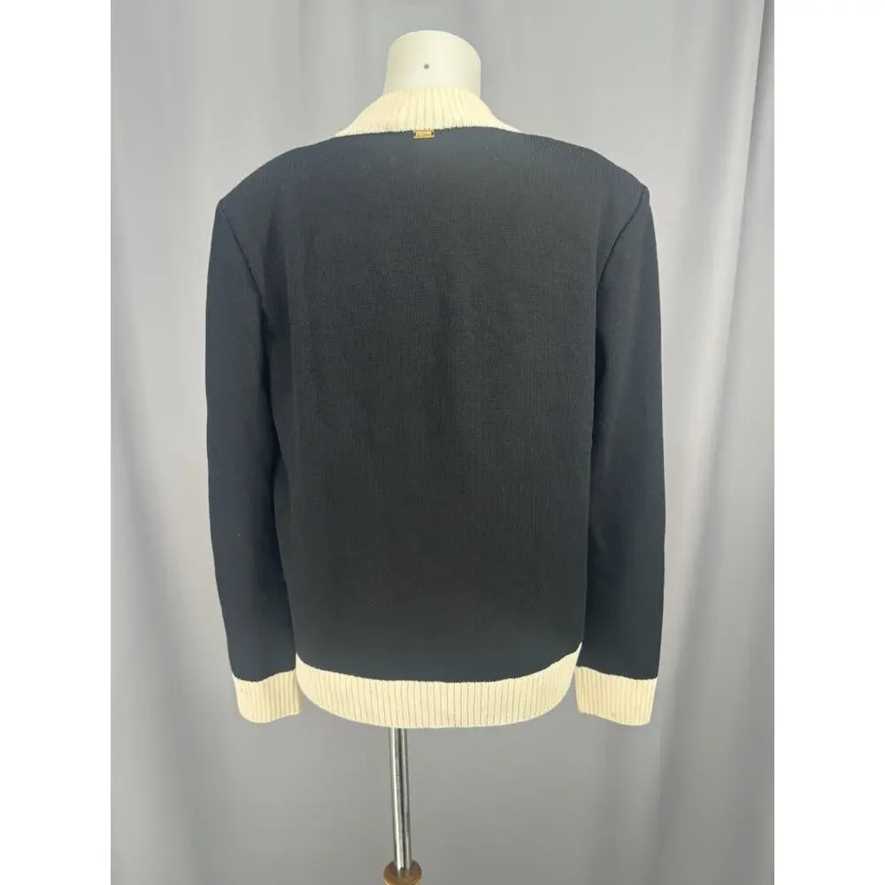 Vintage ST JOHN Cardigan Womens Medium Black Ivory Full Zip Wool Blend - Picture 5 of 12